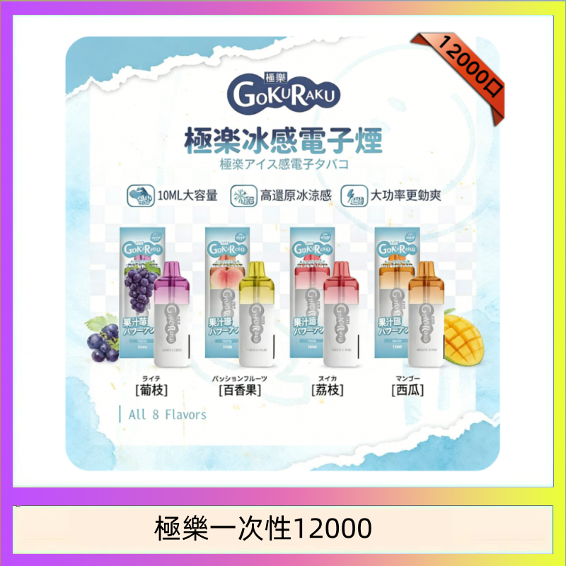 【8種口味】極楽 12000口一次性電子煙|超大容量 |口感絲滑|新品
